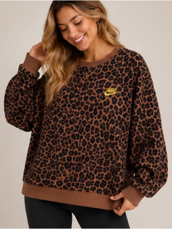 Nike Sweaters - Nike Leopard-Print Crewneck Sweater in Brown with Yellow Logo